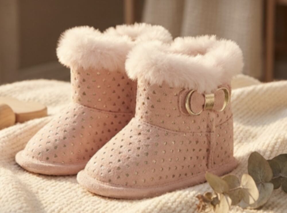 First Steps Baby Bootie Slippers Girls 3-6M Pink Fluffy Faux Fur Bow Cozy Shoes